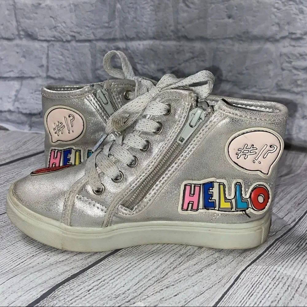 Justice high top sneakers with side zipper and tie up laces silver girls sz 13